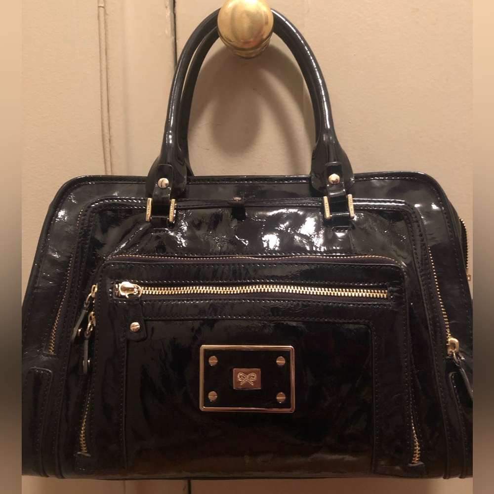 Gorgeous Anya Hindmarch Navy blue patterned patent leather satchel w/ 7 pockets